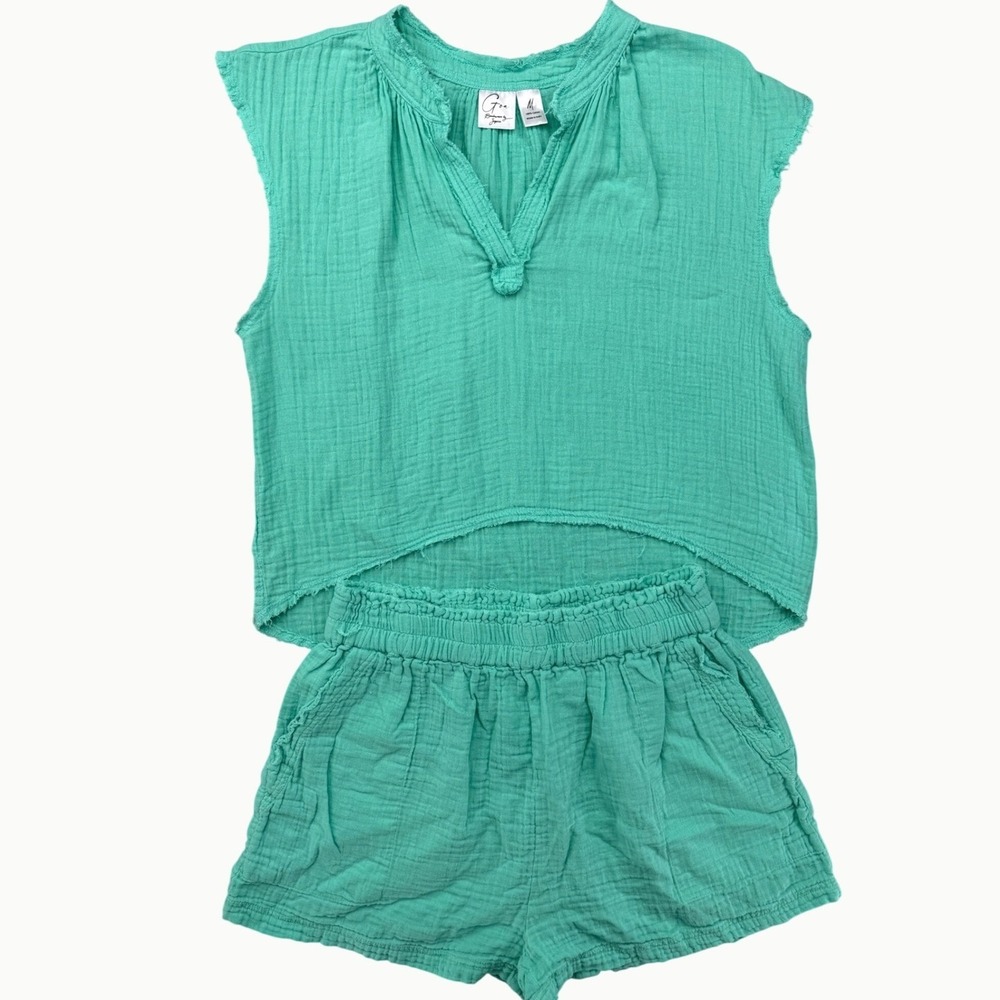 Goa Beachwear by Japna 2-Piece Set Womens Medium Teal Cotton Gauze Boho Summer